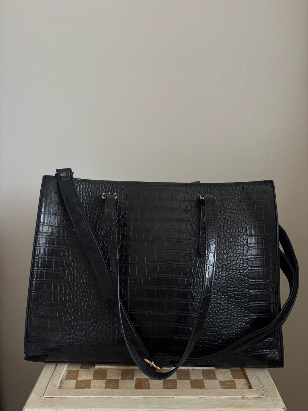 Croc-Embossed Black Laptop Bag